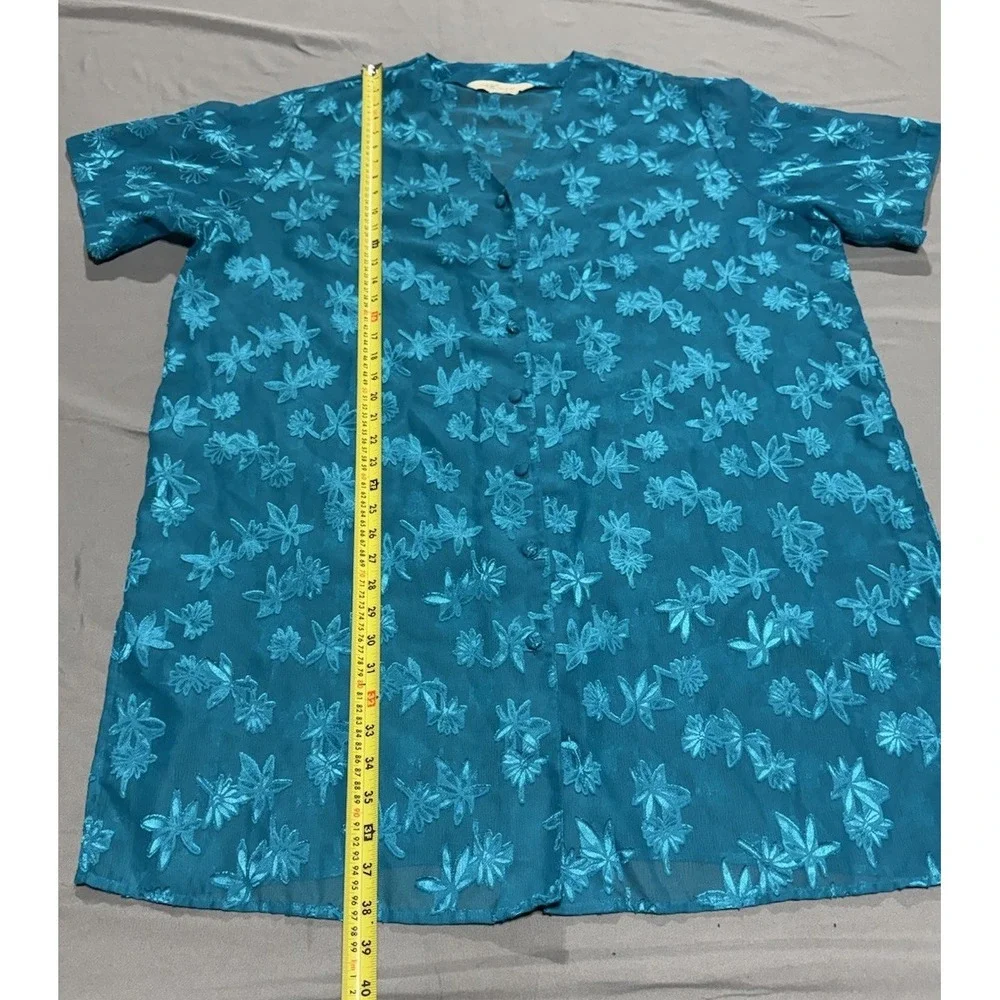 Vintage Lane Bryant Intimates Sheer Button Front Nightshirt Blue Floral 90s Plus
